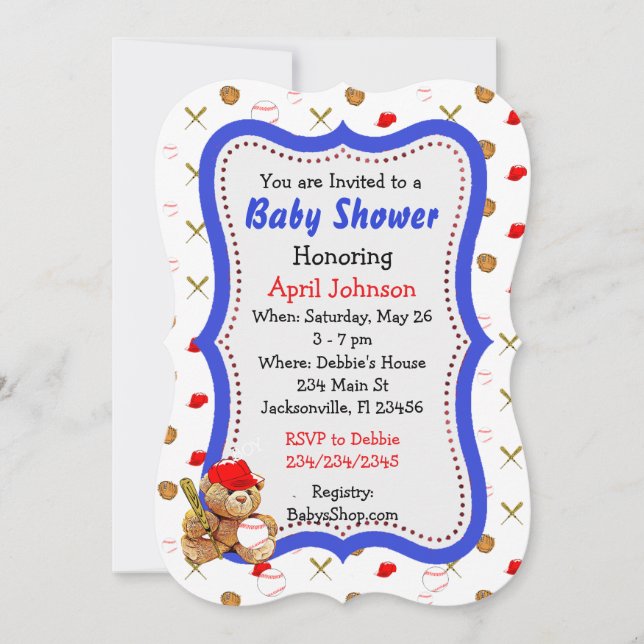 Invitación Béisbol Teddy Bear Baby Shower invita (Anverso)