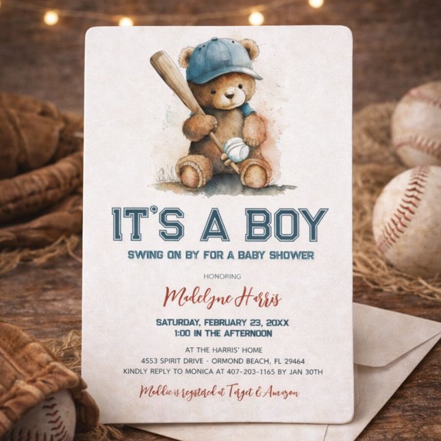 Invitación Béisbol Teddy Bear Watercolor Boy Baby Shower (Subido por el creador)
