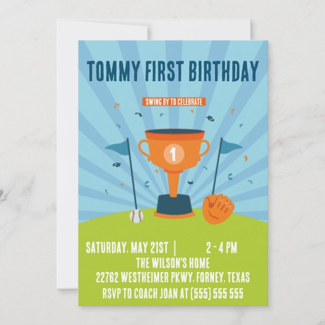 Invitación Béisbol Tema Deportivo de primer cumpleaños
