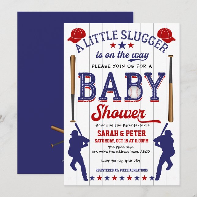 Invitación Béisbol, tema deportivo, pareja Baby Shower (Anverso / Reverso)