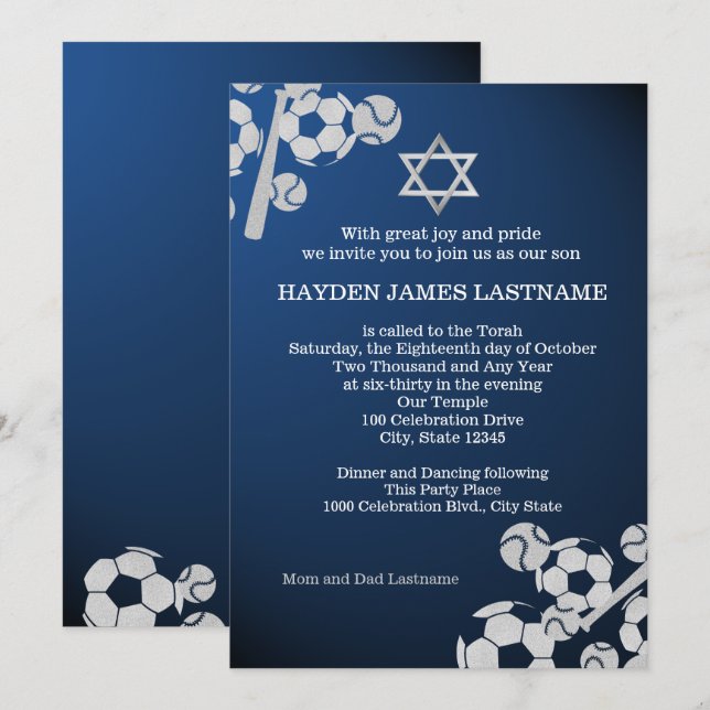 Invitación Béisbol y bar de fútbol Mitzvah (Anverso / Reverso)