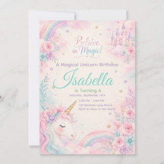 Invitación Believe In Magic Unicorn Invitation Editable