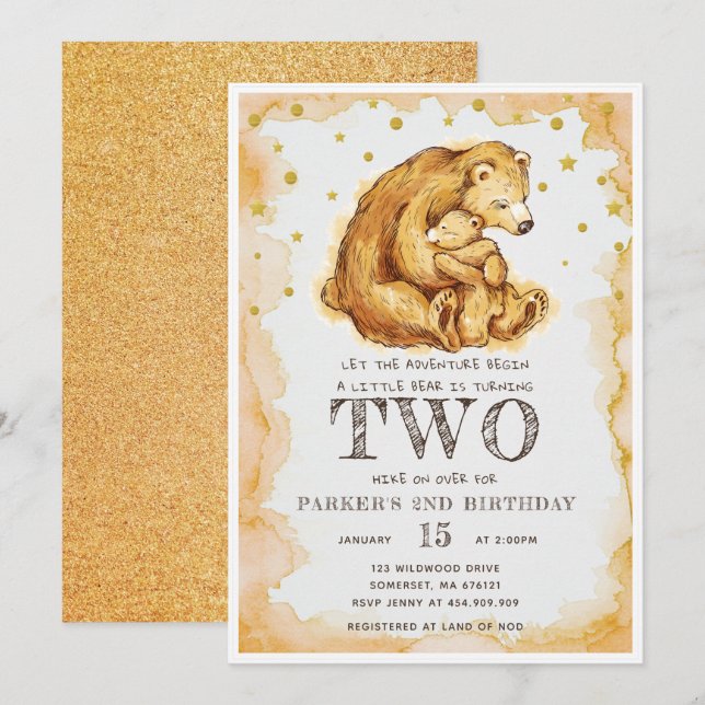 Invitación Bella acuarela Bear Cumpleaños 2. cumpleaños (Anverso / Reverso)