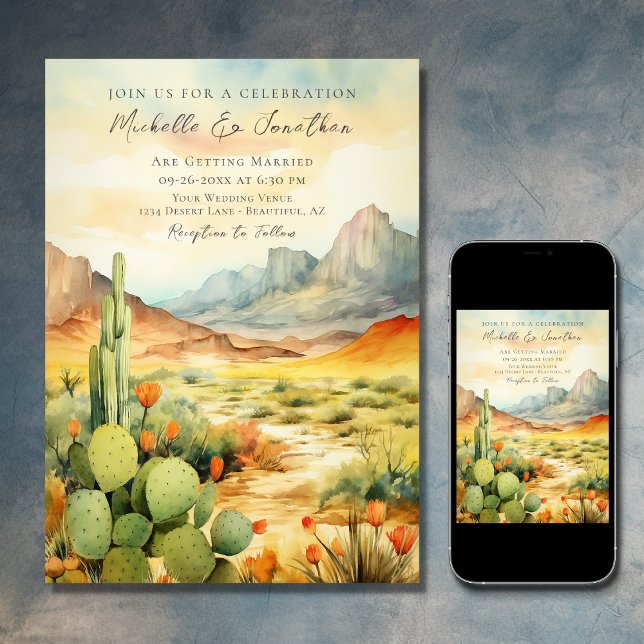 Invitación Bella acuarela Desierto Cactus Boda (Printed and Digital - Beautiful Watercolor Desert Cactus Southwestern Invitation)