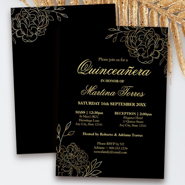 Invitación Bella Artes Floral de oro negro Quinceanera y masa (decorated both sides and available professionally printed or as a digital download)