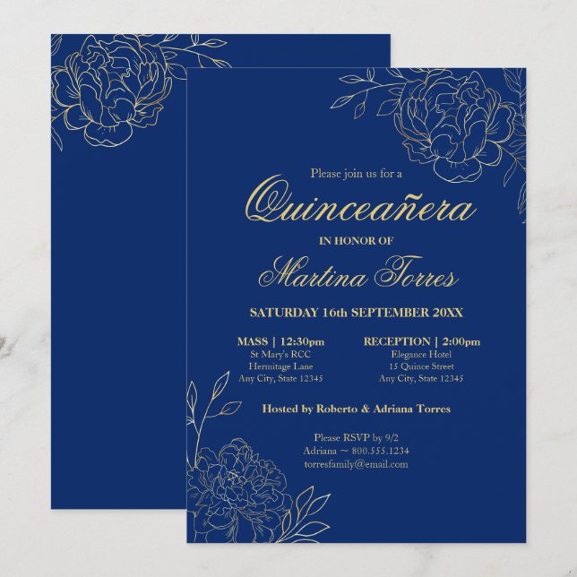 Invitación Bella Artes Floral Royal Blue Gold Quinceanera (Anverso / Reverso)