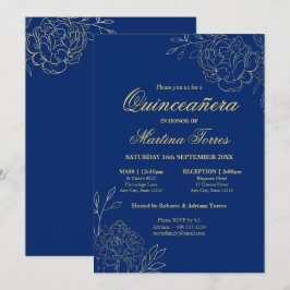 Invitación Bella Artes Floral Royal Blue Gold Quinceanera