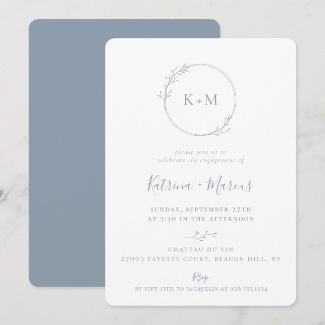 Invitación Bella Artes Monograma Dusty Blue Engagement Party (Anverso / Reverso)