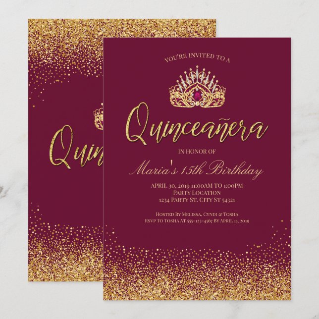Invitación Bella Borgoña y la Quinceañera de oro (Anverso / Reverso)