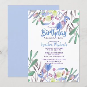 Invitación Bella Botánica Azul Acuarela Mujeres Cumpleaños