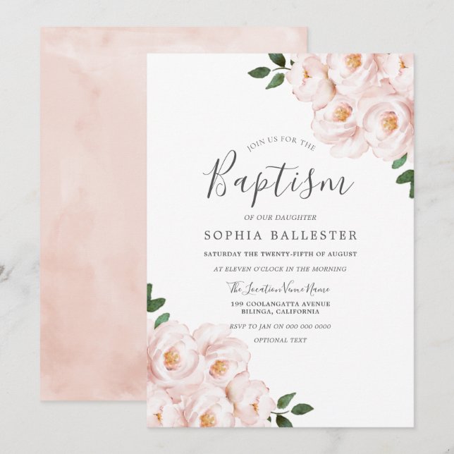 Invitación Bella Rubor suave rosa Floral bebé bautismo (Anverso / Reverso)