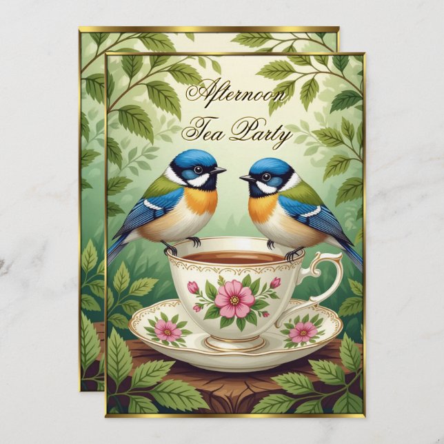 Invitación Bella Tarde Tea Fiesta Aves Coloridas (Anverso / Reverso)