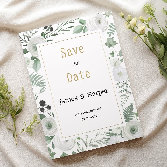 Invitación Bellas de menta blanca botánica floral Guardar la  (Botanical white mint berries floral Save the Date)