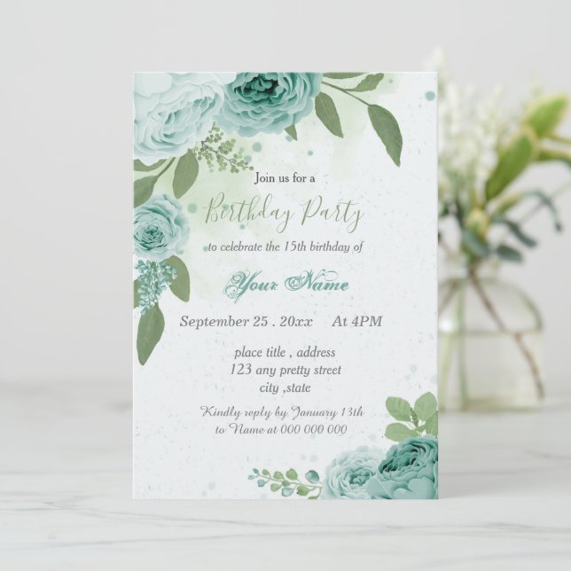 Invitación bellas flores azules hojas verdes (Anverso de pie)