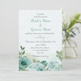 Invitación bellas flores azules hojas verdes boda