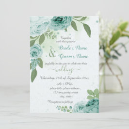 Invitación bellas flores azules hojas verdes boda