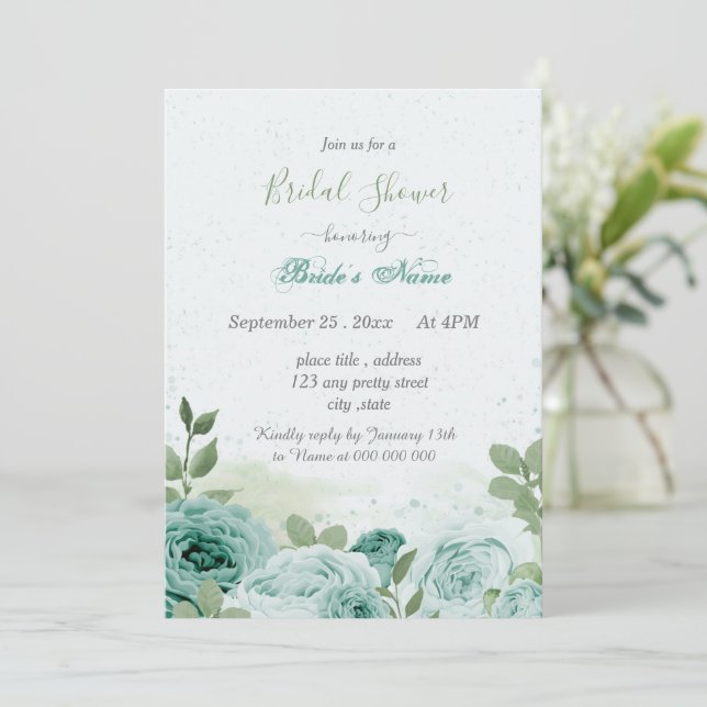 Invitación bellas flores azules hojas verdes ducha de novia (Anverso de pie)