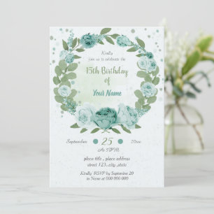 Invitación bellas flores azules verdes invitan al cumpleaños