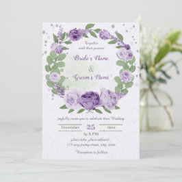 Invitación bellas flores moradas hojas verdes boda