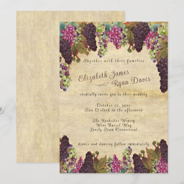 Invitación Bellas vides de uva vintage boda rústica (Anverso / Reverso)