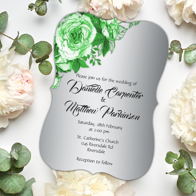 Invitación Belleza botánica: Rosas verdes, Boda plateado (Subido por el creador)