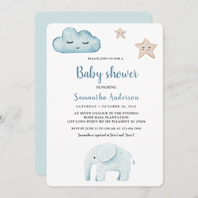 Invitación Belleza Pastel Elefante Azul (Anverso / Reverso)