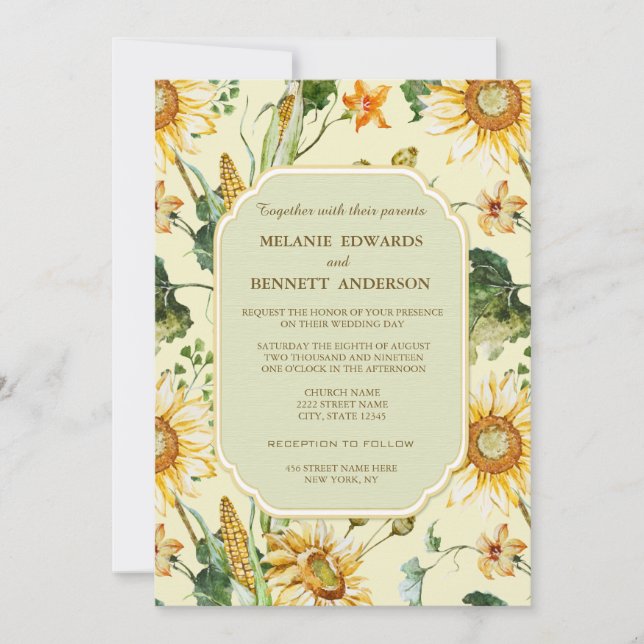 Invitación Belleza rústica Boda botánico de girasol (Anverso)