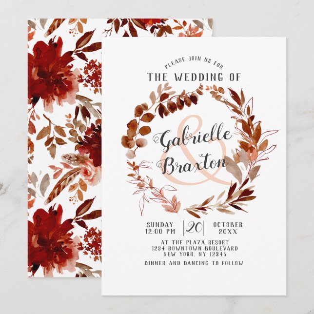 Invitación Belleza rústica Boda de Vino de Hojas Bohemias (Anverso / Reverso)