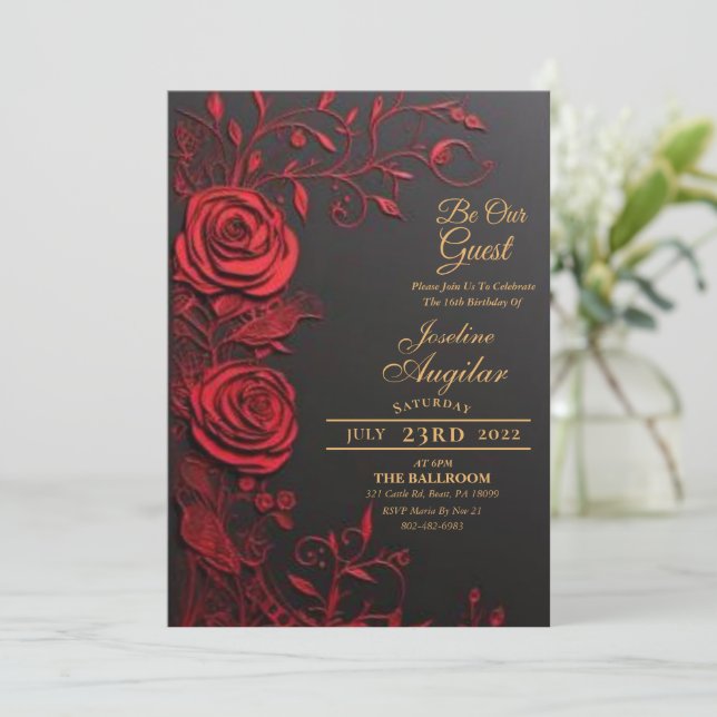 Invitación Belleza y el dulce rosa rojo de la bestia 16 invit (Anverso de pie)