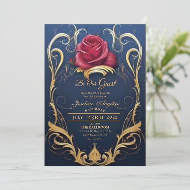 Invitación Belleza y el dulce rosa rojo de la bestia 16 invit (Anverso de pie)