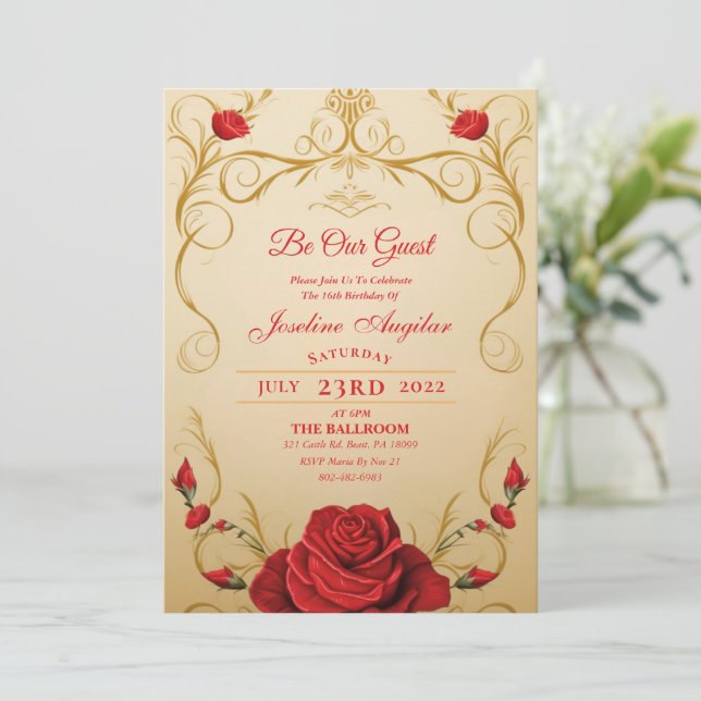 Invitación Belleza y el dulce rosa rojo de la bestia 16 invit (Anverso de pie)