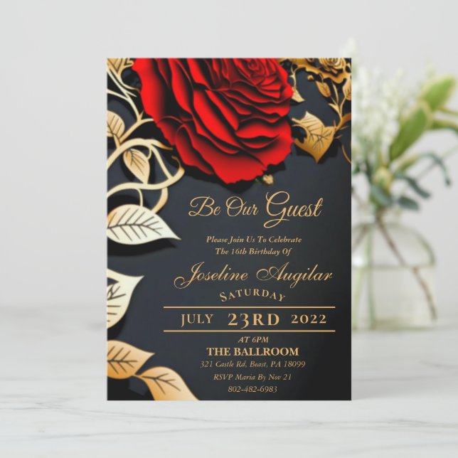 Invitación Belleza y el dulce rosa rojo de la bestia 16 invit (Anverso de pie)