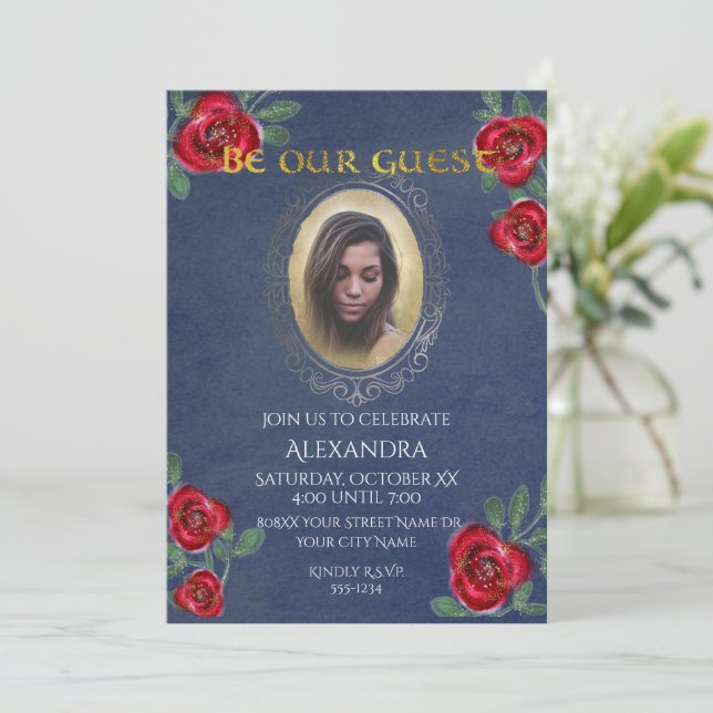 Invitación Belleza y el espejo azul del cuento de hadas de la (Anverso de pie)