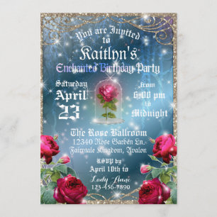 Invitación Belleza y la Bestia Rosa Roja Encantada Cumpleaños