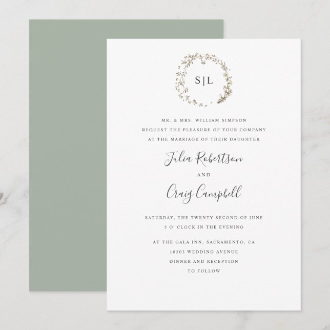 Invitación BellFlowers boda de monograma formal (Anverso / Reverso)