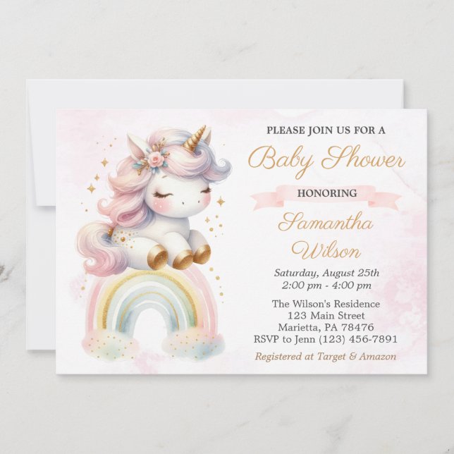 Invitación Bello bebé Unicornio y el Baby Shower arcoiris (Anverso)