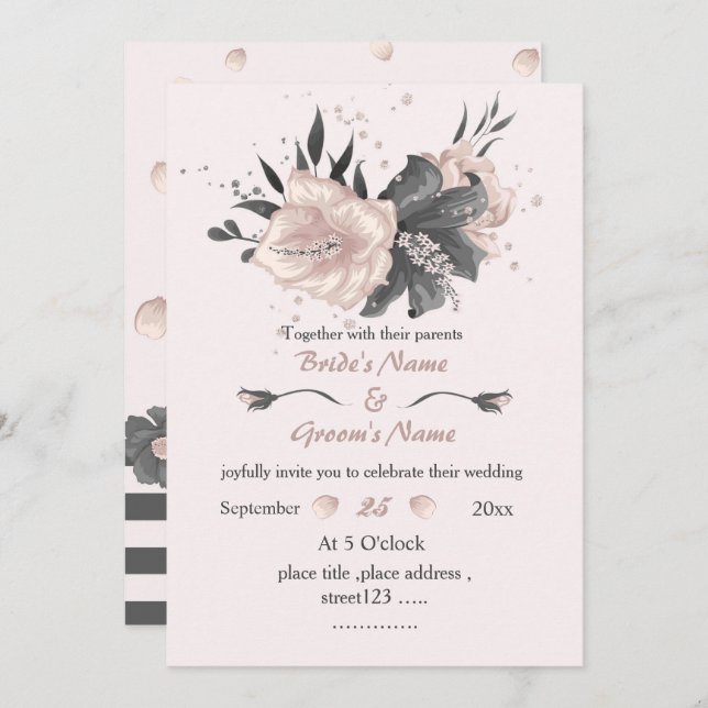 Invitación bello boda de flores grises oscuras rosadas y polv (Anverso / Reverso)