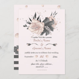 Invitación bello boda de flores grises oscuras rosadas y polv