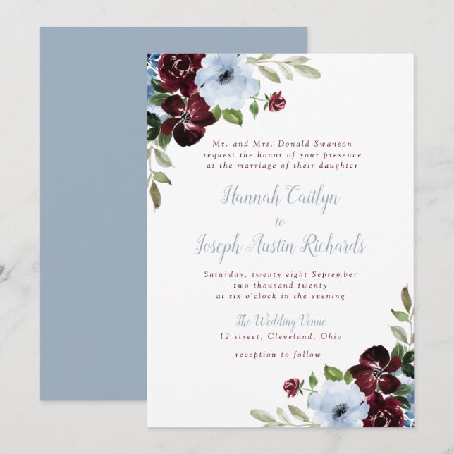Invitación bello boda floral azul polvoriento burdeos (Anverso / Reverso)