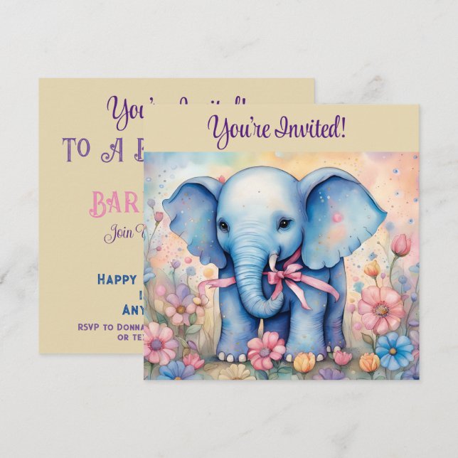 Invitación Bello elefante bebé en un jardín pastel (Anverso / Reverso)