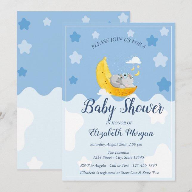 Invitación Bello elefante bebé, Luna de plátano (Anverso / Reverso)