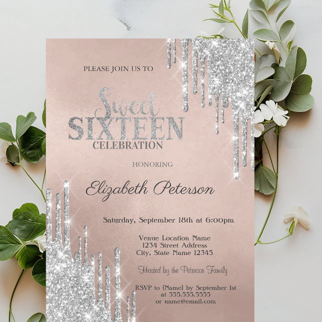 Invitación Bello Moderno Brillo Plateado con Goteos Dulces 16 (Subido por el creador)