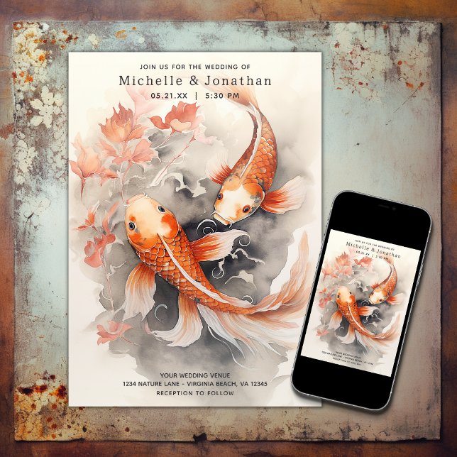 Invitación Bello Naranja japonés de pescado Koi Boda Beige (Printed and Digital - Beautiful Japanese Koi Fish Orange Beige Wedding Invitation)