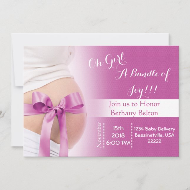Invitación Belly preñado Cinta rosada Chica Baby Shower Invit (Anverso)