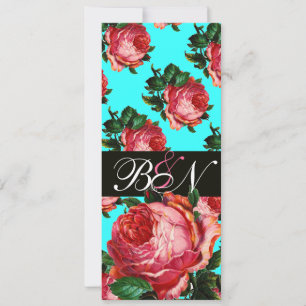 INVITACIÓN BELO MONOGRAMA FLORAL DE ROSA ROSADA AQUA AZUL TEA