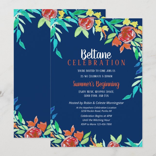 Invitación Beltane Verano Flores Wicca Acuarela Azul (Anverso / Reverso)