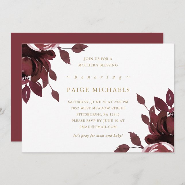 Invitación Bendición cristiana floral borgoñona (Anverso / Reverso)