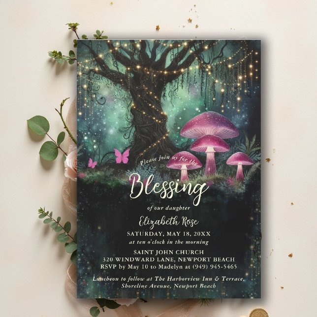 Invitación Bendición de Bautizo Jardín Encantado Bosque Hongo (baptism invitation christening enchanted forest garden botanical greenery mushrooms butterflies)
