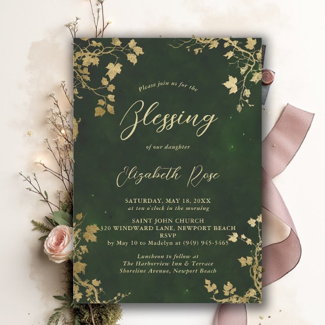 Invitación Bendición de Bautizo Jardín Encantado Cuento de Ha (baptism invitation christening enchanted forest garden botanical greenery hunter green gold)