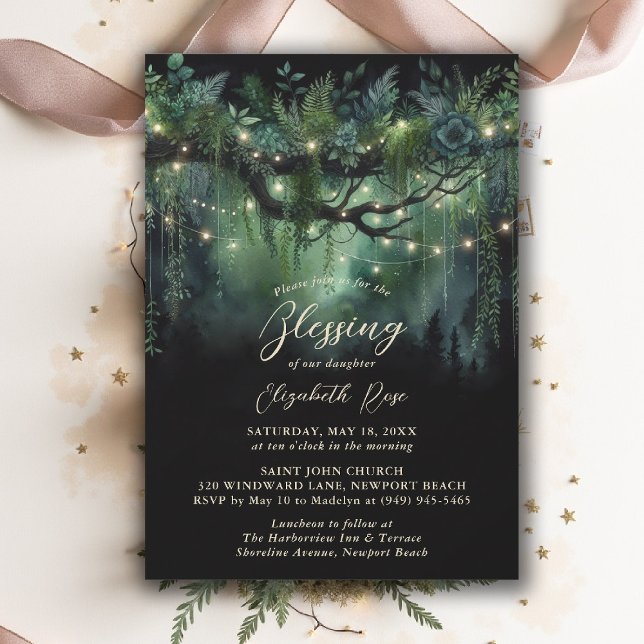 Invitación Bendición de Bautizo Jardín Encantado Cuento de Ha (baptism invitation christening enchanted forest garden botanical greenery emerald gold floral)